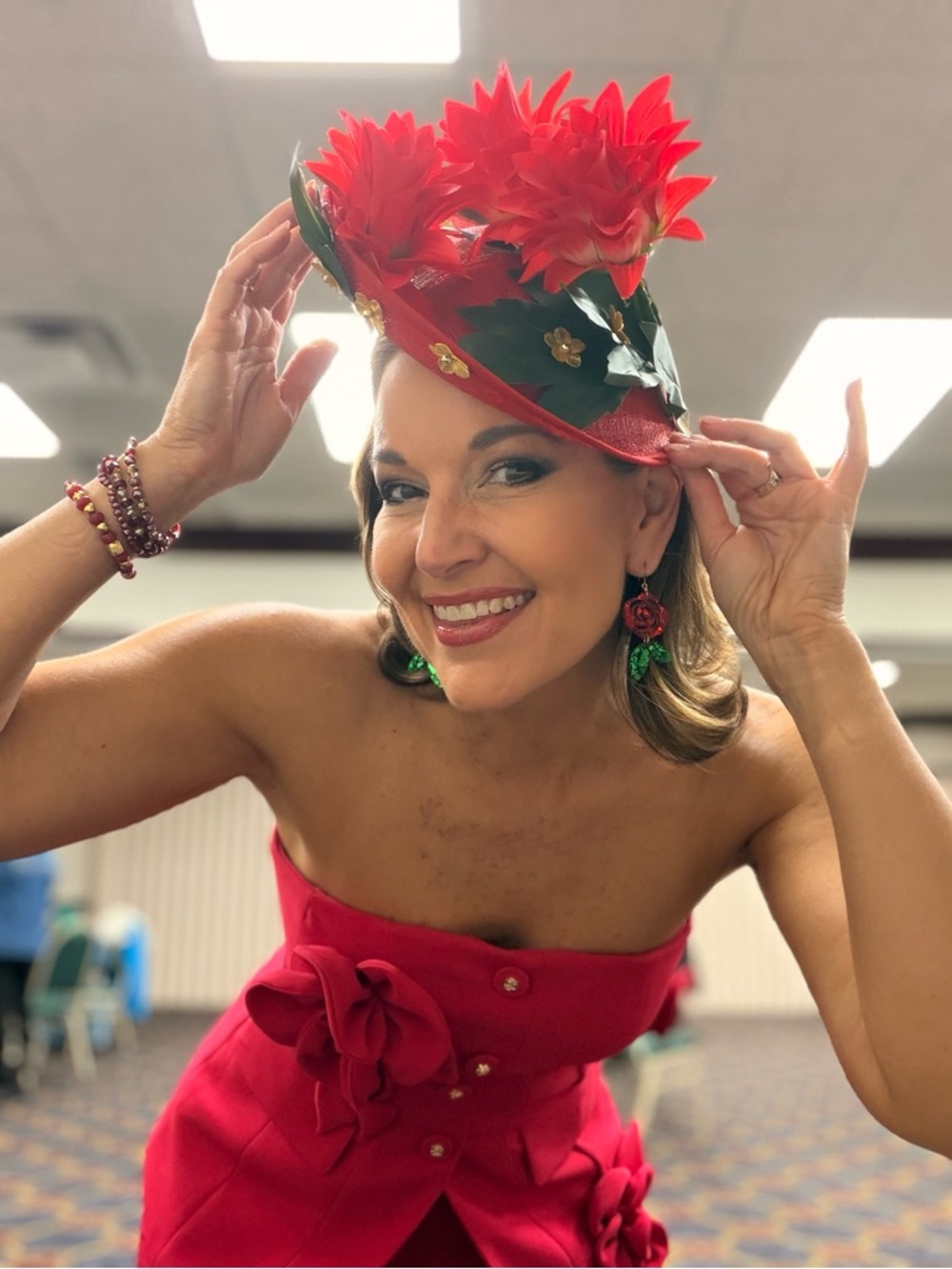 Brand New Red Fascinator Gold Accent Flowers Headband Handmade in USA